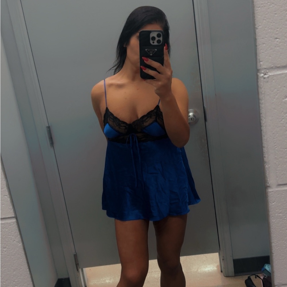 Victoria's Secret Blue Satin Chemise V-Neck slip & panty 2 peice set